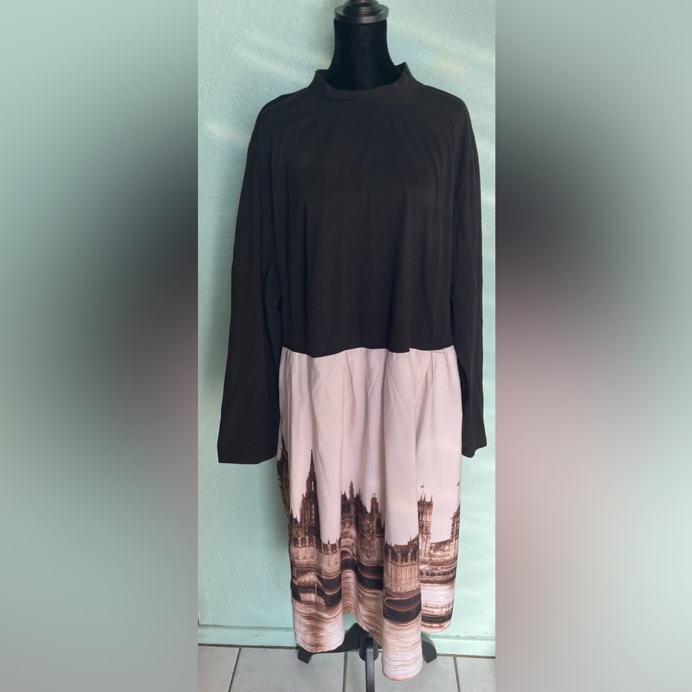 eShakti Black and Sepia Tone London Cityscape Dress